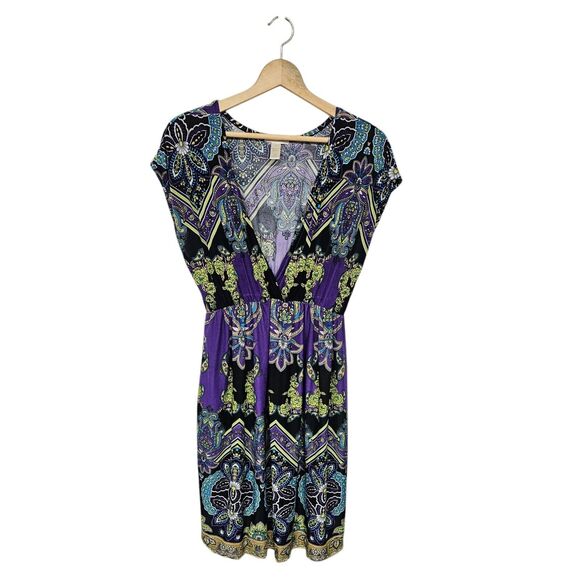 Y2K Faux Wrap Womens Babydoll Dress Size 1X Purple Paisley Empire Waist Artsy - Picture 1 of 6